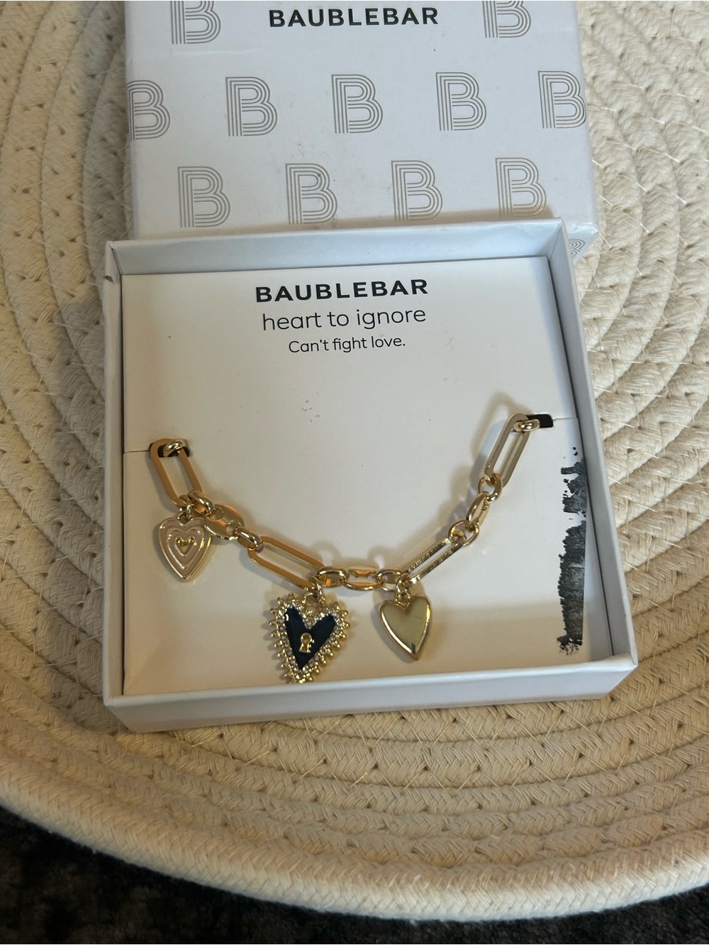 BaubleBar Gold Chain Bracelet with Navy and Gold Heart Charms